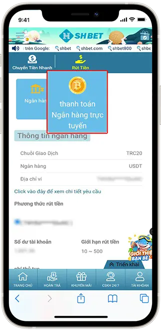 Bước 2: Chọn THANH TOÁN NGÂN HÀNG TRỰC TUYẾN, lựa chọn ví điện tử muốn rút về.